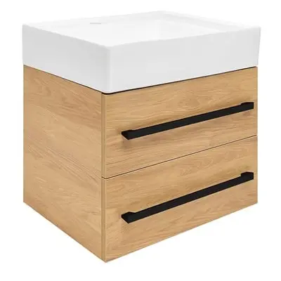 Koupelnová skříňka s umyvadlem a černou úchytkou SAT Cube Way 60x53x46 cm dub Hickory mat CUBE46