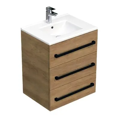 Koupelnová skříňka s černou úchytkou a umyvadlem SAT Cube Way 60x76,5x46 cm dub Hickory mat CUBE