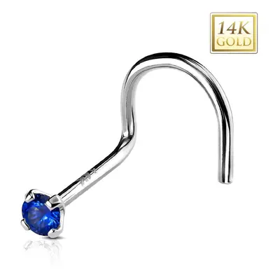 Zahnutý piercing do nosu z bílého 14K zlata, tmavomodrý kulatý zirkon