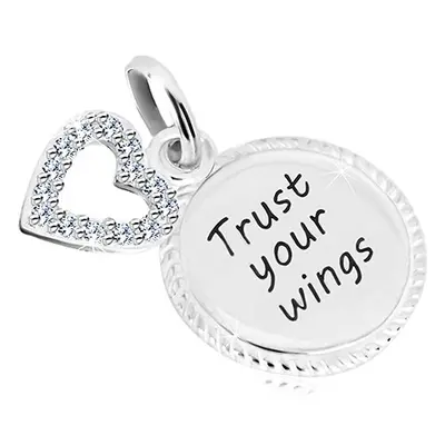 Stříbrný 925 přívěsek - kroužek s nápisem "Trust your wings", kontura srdce se zirkony