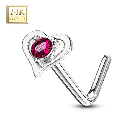 Piercing do nosu ze 14K bílého zlata - tmavě růžový kulatý zirkon, zahnutý konec