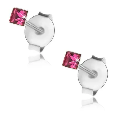 Náušnice ze stříbra 925, malý čtvereček z fuchsiového krystalku Swarovski, 2 mm