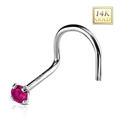 Zlatý 14K zahnutý piercing do nosu, kulatý tmavě růžový zirkon, 2 mm