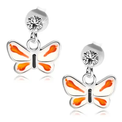 Stříbrné 925 náušnice, čirý krystalek Swarovski, bílo-oranžový motýlek