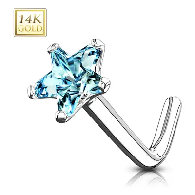 Piercing do nosu z bílého 14K zlata - zahnutý, modrá zirkonová hvězda, 0,8 mm