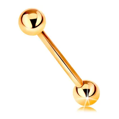 Piercing ze žlutého 14K zlata - barbell se dvěma lesklými kuličkami, 18 mm