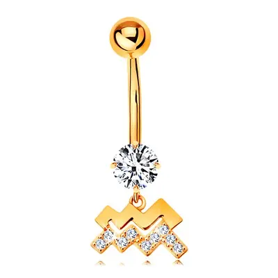 Piercing do pupíku ve žlutém 14K zlatě - čirý zirkon, symbol znamení VODNÁŘ