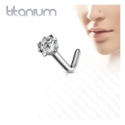 Zahnutý piercing do nosu z titanu - čtvercový broušený zirkon v kotlíku - Tloušťka piercingu: 0,