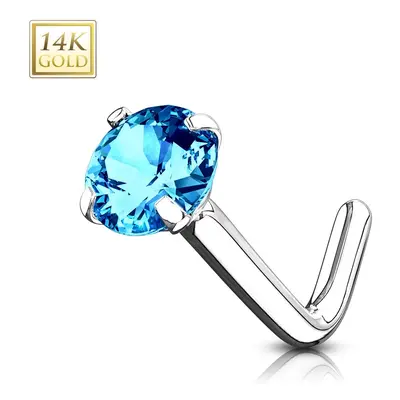 Piercing do nosu z bílého 14K zlata - zahnutý, světle modrý broušený zirkon, kotlík, 0,8 mm