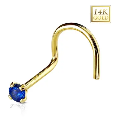 Zahnutý piercing do nosu ve žlutém zlatě 585, kulatý tmavomodrý zirkon, 2 mm