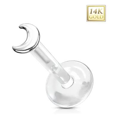 Piercing z bílého 14K zlata do ucha, labret - průhledný Bioflex, půlměsíc