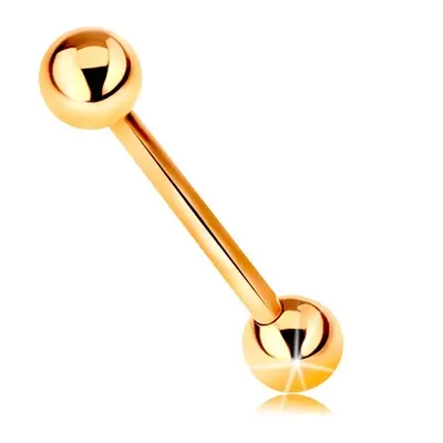 Piercing ze žlutého 14K zlata - barbell se dvěma lesklými kuličkami, 18 mm