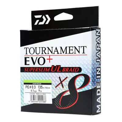 Daiwa splétaná šňůra tournament x8 evo+ super slim ul braid chartreuse 135 m - 0,06 mm 5,40 kg