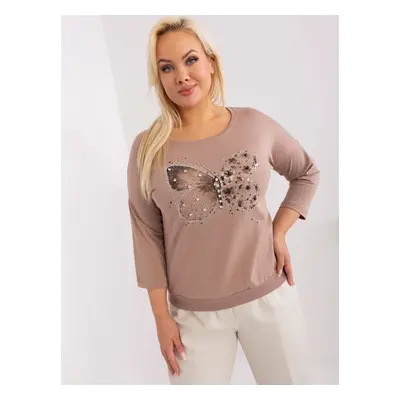 Tmavě béžová halenka plus size s motýlem JEDNA VELIKOST