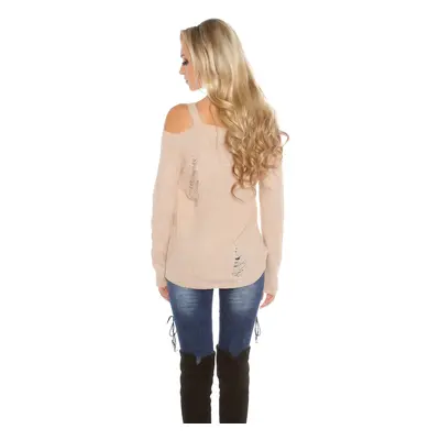 Sexy pletený svetr KouCla Cold Shoulder použitý vzhled BEIGE Einheitsgroesse