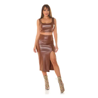 Sexy koženkový 2dílný set / Crop Top + Midiskirt brown Einheitsgroesse