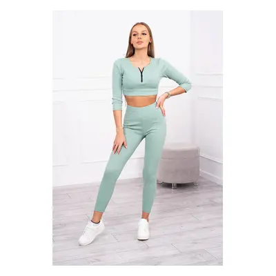 Žebrovaný crop top set tmavě mátový UNI