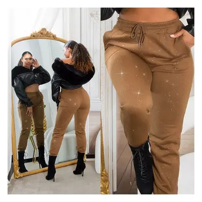 Sexy kalhoty Jogger s vysokým pasem a třpytkami brown