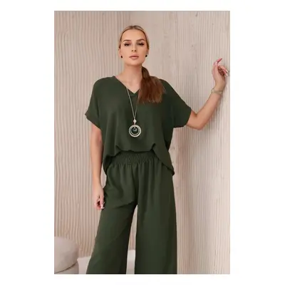 Komplet s náhrdelníkem halenka + kalhoty khaki UNI