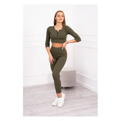 Žebrovaný crop top set khaki barvy UNI