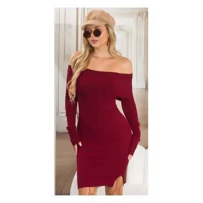 Sexy pletené mididress šaty na ramena BORDEAUX Einheitsgroesse