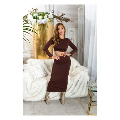 Sexy dvoudílná souprava Koucla / Maxi sukně + Crop-Shirt brown Einheitsgroesse