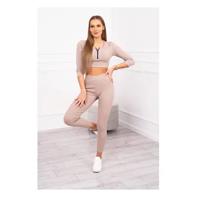 Žebrovaný crop top set tmavě béžový UNI