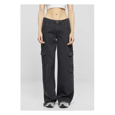 kalhoty dámské URBAN CLASSICS - Mid Waist Cargo Denim - Black Charcoal Washed