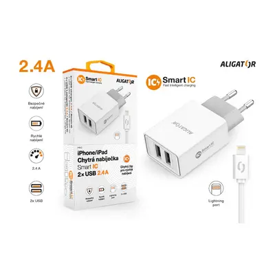 Chytrá síťová nabíječka ALIGATOR 2.4A, 2xUSB, smart IC, kabel pro iPhone/iPad 2A, bílá