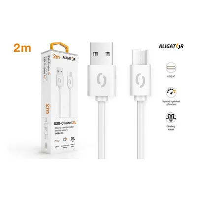 Datový kabel ALIGATOR 2A, USB-C, 2m, bílá