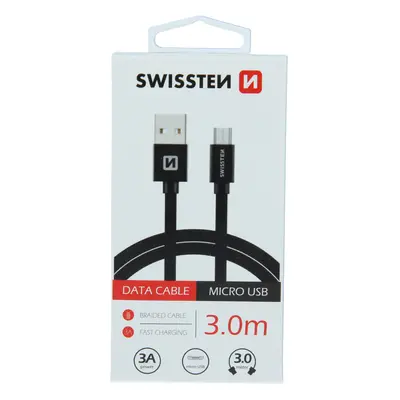 Datový kabel Swissten Textile USB/MicroUSB, 3,0m, černý