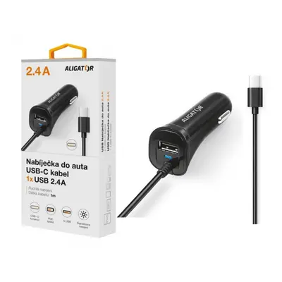 Nabíječka do auta ALIGATOR USB-C s USB výstupem, 2.4A, Turbo charge, Black