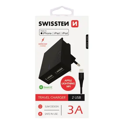 SWISSTEN SÍŤOVÝ ADAPTÉR SMART IC 2x USB 3A POWER + DATOVÝ KABEL USB / LIGHTNING MFi 1,2 M, ČERNÁ