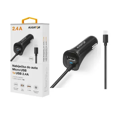 Nabíječka do auta ALIGATOR micro USB s USB výstupem, 2.4A, Turbo charge, Black