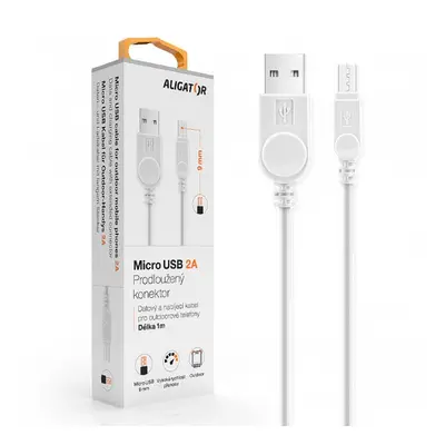 Datový kabel , micro USB, 2A, 1m, prodloužený konektor 9mm, bílá