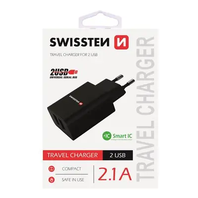 SWISSTEN SÍŤOVÝ ADAPTÉR SMART IC 2x USB 2,1A POWER, ČERNÁ