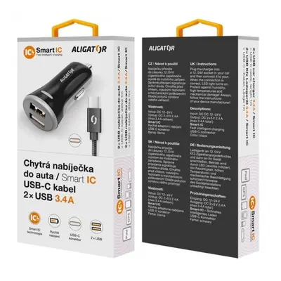 Nabíječka do auta ALIGATOR USB-C 2xUSB výstup, 3.4A, smart IC, black