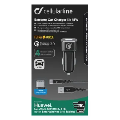 Set USB autonabíječky a USB-C kabelu Cellularline Tetra Force 18W, Qualcomm® Quick Charge 3.0, č