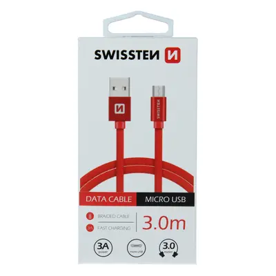 Datový kabel Swissten Textile USB/MicroUSB, 3,0m, červený