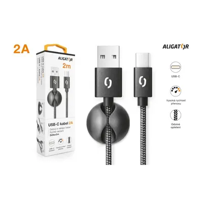 Datový kabel ALIGATOR PREMIUM 2A, USB-C 2m, černá