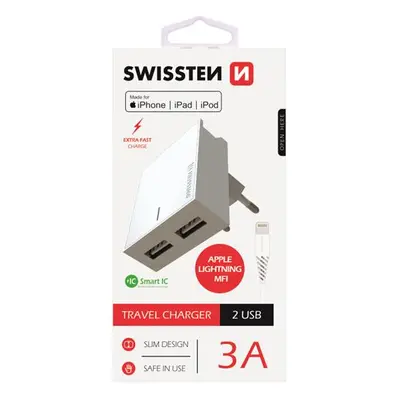 SWISSTEN SÍŤOVÝ ADAPTÉR SMART IC 2x USB 3A POWER + DATOVÝ KABEL USB / LIGHTNING MFi 1,2 M, BÍLÁ