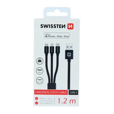 Datový kabel Swissten Textile 3in1, MFi, 1,2m, černý