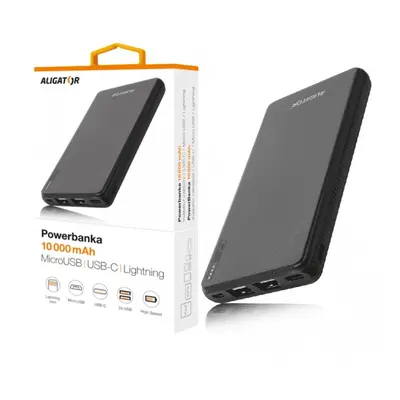 Powerbanka ALIGATOR PB1000, 10000mAh 3v1, micro/iPh/USB-C, černá