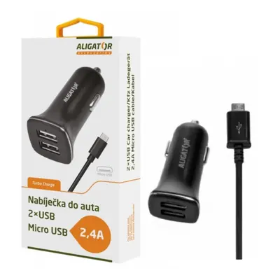 Nabíječka do auta ALIGATOR s microUSB kabelem a 2xUSB výstupem 2,4A, Turbo charge, Black