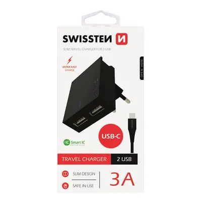 SWISSTEN SÍŤOVÝ ADAPTÉR SMART IC 2x USB 3A POWER + DATOVÝ KABEL USB / TYPE C 1,2 M, ČERNÁ