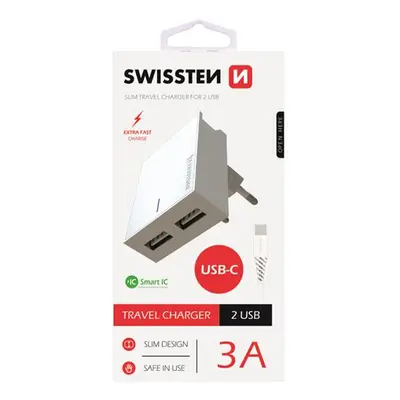 SWISSTEN SÍŤOVÝ ADAPTÉR SMART IC 2x USB 3A POWER + DATOVÝ KABEL USB / TYPE C 1,2 M, BÍLÁ