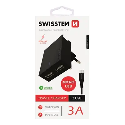 SWISSTEN SÍŤOVÝ ADAPTÉR SMART IC 2x USB 3A POWER + DATOVÝ KABEL USB / MICRO USB 1,2 M, ČERNÁ