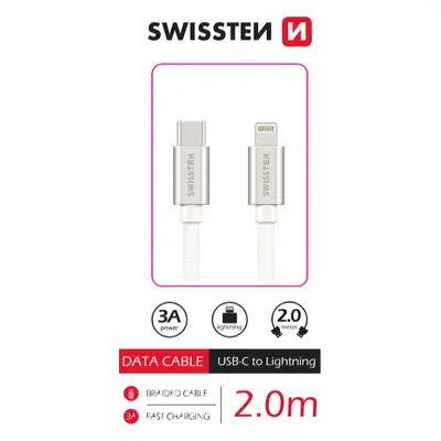 Datový kabel Swissten Textile USB-C/Lightning, 2m, stříbrná