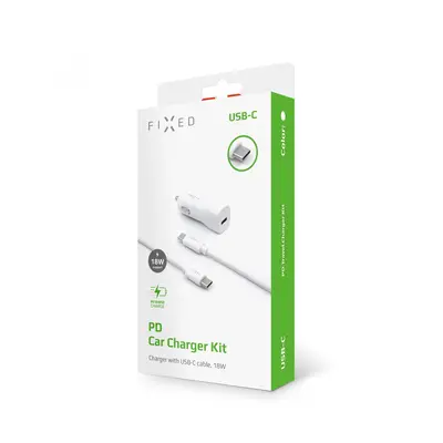 Set autonabíječky FIXED s USB-C a USB-C/USB-C kabelu, podpora PD, 1 m, 18W, bílý