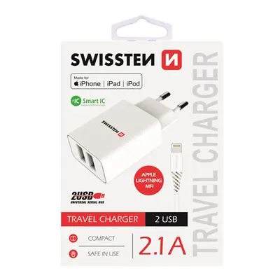 SWISSTEN SÍŤOVÝ ADAPTÉR SMART IC 2x USB 2,1A POWER + DATOVÝ KABEL USB / LIGHTNING MFi 1,2 M, BÍL